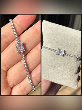Silver Cubic Zirconia Tennis Bracelet with Square Center Stone